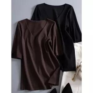 JFJDZZSN055 봄가을 여성 빅사이즈 오버핏 캐주얼 브이넥 반팔 니트 티 상의