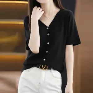 JFJDZZSN077 봄가을 여성 빅사이즈 오버핏 캐주얼 브이넥 반팔 숏 니트 상의