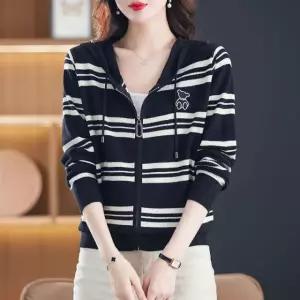 LLLMZZSBK034 여성 봄가을 캐주얼 스트라이프 슬림핏 긴팔 얇은 집업 후드 니트 가디건