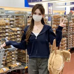 LMKSN060 여성 봄가을 캐주얼 숏 크롭 긴팔 집업 후드 맨투맨 가디건 상의