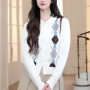 LXGKSNXKCX003 여성 봄가을 캐주얼 카라넥 긴팔 오버핏 아가일 가디건 니트 상의