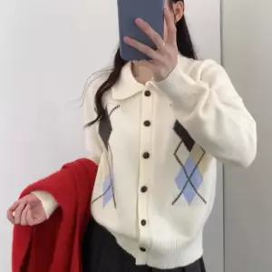 LXGKSNXKCX023 여성 봄가을 캐주얼 빈티지 오버핏 긴팔 아가일 가디건 니트 상의