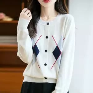 LXGKSNXKCX028 여성 봄가을 캐주얼 라운드넥 오버핏 긴팔 아가일 가디건 니트 상의