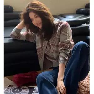 LXGKSNXKCX029 여성 봄가을 캐주얼 빈티지 반팔 아가일 가디건 니트 상의