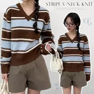 [봄신상/도톰아방] 여리핏 봄니트 살짝 크롭 스트라이프 브이넥 티셔츠