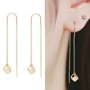 [하프클럽/]정품 14K 골드 큐브 드롭 롱 귀걸이