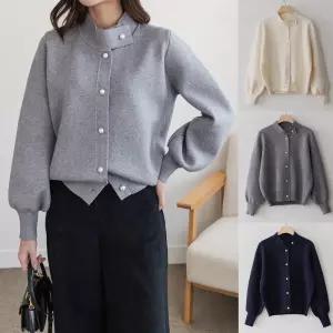 빅사이즈 봄 가을 하프넥 니트 가디건 간절기 자켓 도톰 오버핏 루즈핏 퍼프소매 진주가디건