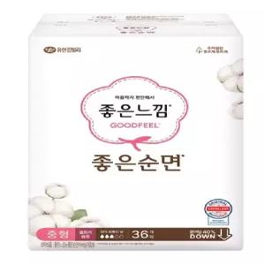 좋은느낌 좋은순면 슬림날개 중형 36개 x 4팩, 대형 32개 x 4팩 택1/좋은순면커버/저자극/울트라슬림/생리대