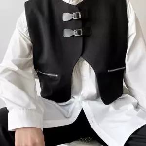 IEFB 남자 크롭 틈새 검은 가죽 버클 된 조끼 지퍼