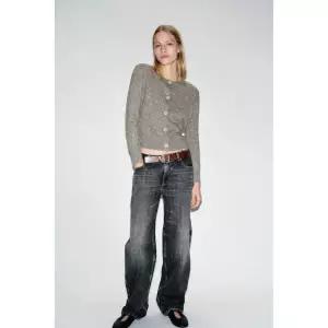 ZARA 자라 믹스 소재 벨트 니트 재킷 - 그레이 736415