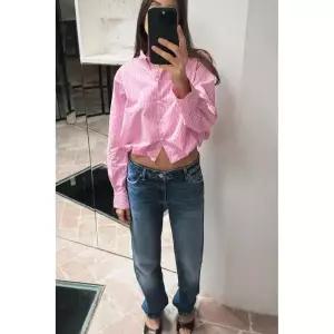 ZARA 자라 스트라이프 벌룬 포플린 셔츠 - 로즈핑크 화이트 736213