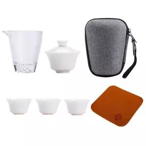 7종 휴대용 다기 세트 전용 파우치 포함 차 다도 찻잔 여행용 도자기 개완 티팟 유리 다구 고급 다기잔