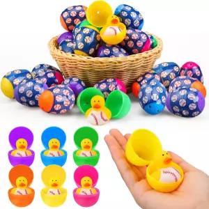 Civaner 48개/24 세트 야구 오리가 가득한 부활절 달걀과 고무 오리 및 포장지 달걀 사냥 바구니 가방 빈