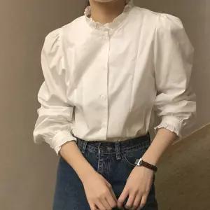 봄 가을 간절기 여자 여성 프릴 기본 면 흰색 남방 셔츠 블라우스 아이보리