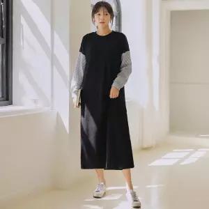 [핑크시슬리] 숄더버튼 배색 링클프리 맥시 원피스