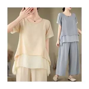 레이어드 프릴 모던 상하의 바지 세트 라운드넥 블라우스 투피스 상하의 셋업 세트 여름 반바지 반팔 여성