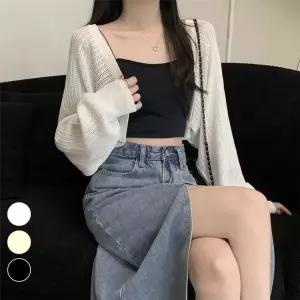 여름 에어컨 실내착용 펀칭무늬 니트 볼레로 가디건 미니 사무실 카디건 여성 봄 긴팔