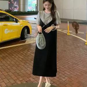 여자 페이크 레이어드 스타일 뷔스티에 꾸안꾸 롱 반팔 원피스 원피스