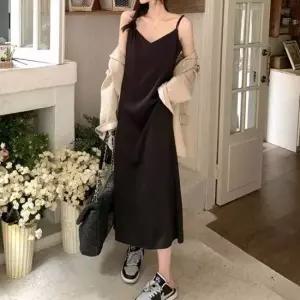 찰랑이는 새틴 여성 끈나시 A라인 롱원피스 롱원피스