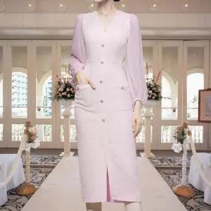 피로연 트위드 원피스 상견례 버튼 드레스 슬림라인 롱