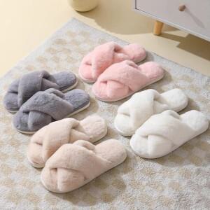 2025 신상 가을 겨울 인조 토끼털 여성 크로스 스트랩 홈 코튼 슬리퍼 두꺼운 밑창 따뜻한 실내 슬리퍼