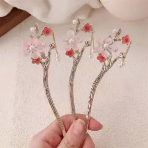 올림머리 비녀 매화꽃 체인 뒤꽂이 금속 진주 나무