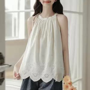 F007544_리본끈장식 홀터넥 펀칭자수 나시블라우스 tbA6+1TeG