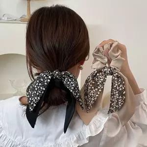 플라워 패턴 이중 리본 머리끈 실크 스카프 곱창 밴드 NuU6+5BME