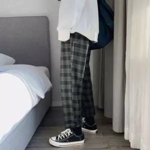 남성 긴바지 통 롤업팬츠 슬랙스 오버핏 체크무늬 츄리닝 면