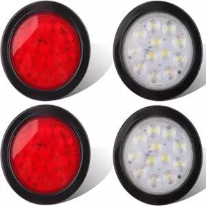 4Pcs 4인치 원형 LED 테일 라이트 - 트레일러 스톱 브레이크 백업 후진 안개등 12개의 고무 그로밋과 트럭