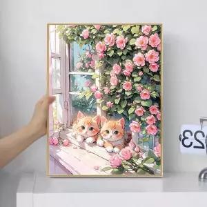 보석십자수 액자형 고양이 분홍 장미 꽃 큐빅붙이기 액자