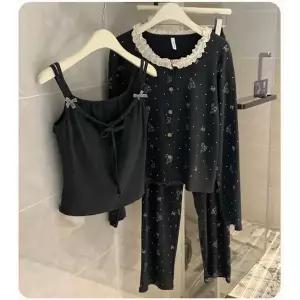 실크 여사친 홈웨어 파자마 내장 러블리 신축성 레이스 세트 패드 좋은 잠옷 커플 3피스