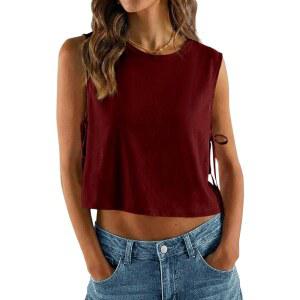 Tankaneo 여성용 사이드 타이 크롭 탑 하이넥 티, 셔츠 탱크 오버사이즈 XXL 레드, 민소매 박시 루즈핏 와인 베이직 캐주얼 여름