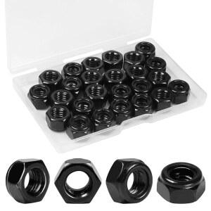 YINPECLY 0.8CM(5 /16인치)-18 나일론 인서트 육각 잠금 표준 너트 너트, 스테인리스 락너트 304 셀프 스틸 도금 25개, 블랙 드라이브, 스레드 나이록 아연 인치