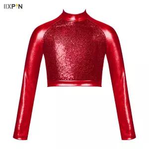 댄스복 방송 아이돌 무대 의상 발표회모던 재즈 댄스 크롭탑 메탈릭 스팽글 긴팔 티셔츠 발레 디스코 힙합