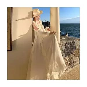 여자 예쁜 쉬폰 원피스 프렌치 오프숄더 긴팔 슬림핏 해변 휴양지롱스커트 여름 SPO마켓2