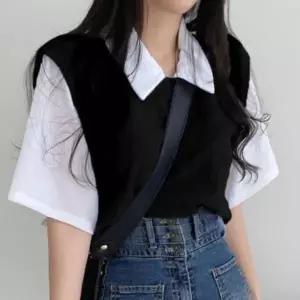 [신세계라이브쇼핑][옷자락] 여성 봄 여름 니트 레이어드 반팔 조끼 셔츠