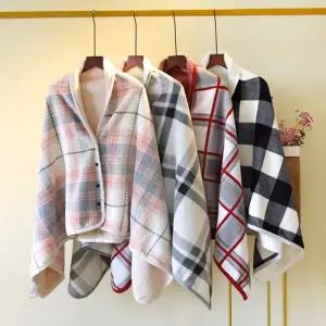 겨울 여성 무릎담요 캠핑 체크 단추있는 극세사 담요 iEH7+8oSA