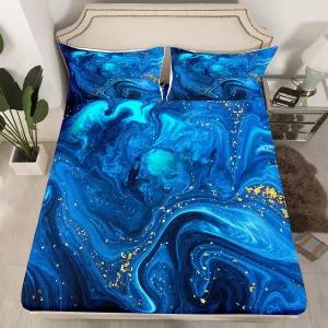 스브리달 스톤 패턴 피팅 시트 블루 마블 바닥 트리피 액체 침구 세트 키드 보이 걸 틴 집시 골든 추상