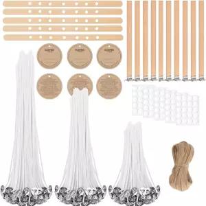 양초 심지 제작 키트 - 미리 왁스 처리된 면직물 90개(4/6/8인치) + 나무 10개(5인치) 홀더 6개 및 태그