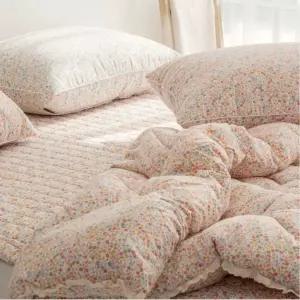 차렵이불세트 싱글 핑크 꽃무늬 줄누비 침구 세트 패드 베개 커버