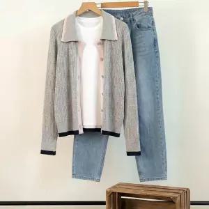 나나 미시 비스코스 간절기 봄 긴팔 배색 이중카라 출근룩 데일리 니트가디건 40대 여자