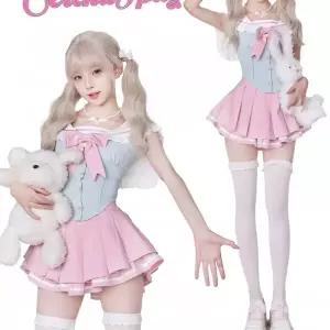 코스프레 교복 스타일, 프릴 장식 세일러 칼라 민소매 나비넥타이, 하이웨