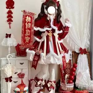 코스프레 로리타드레스 레드 긴팔 드레스 세트