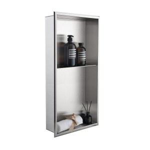 블라이룬드 샤워 틈새 12인치 x 24인치 타일 필요 없음, 브러시 마감 이중 선반 정리함, 스테인리스 스틸 사각 모서리 벽 삽입 오목, 욕실용 모던 오목