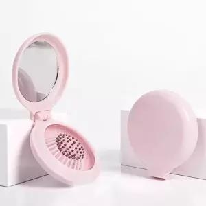 (색상 핑크)미니 손거울 빗거울 휴대용 접이식 브러쉬 세트 접이식빗 접는롤브 브러시 거울브 거울빗