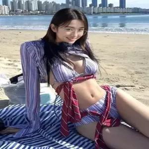 수피 여성 바캉스룩 수영복 쓰리피스 선배 비치웨어 스트라이프 마라 JEN1