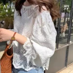 (기본옵션 기본옵션)레이스 긴팔 벌룬 소매 봄 여름 러블리 블라우스 프릴 블라우스 봄여름 퍼프소매 레이