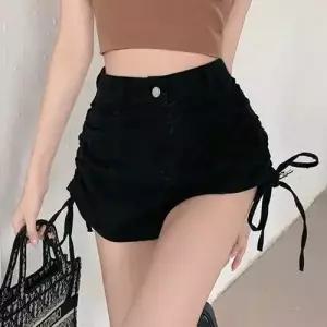 여성 검정 청 청바지 보이기 스트랩 날씬해 A라인 청반바지 스판 스키니 반바지 핫팬츠룩 스트링 admr1