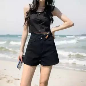 여자 데님 검정 반바지룩 얇은 언밸런스 핫팬츠 스판 청반바지 하이웨스트 A라인 청바지 admr1